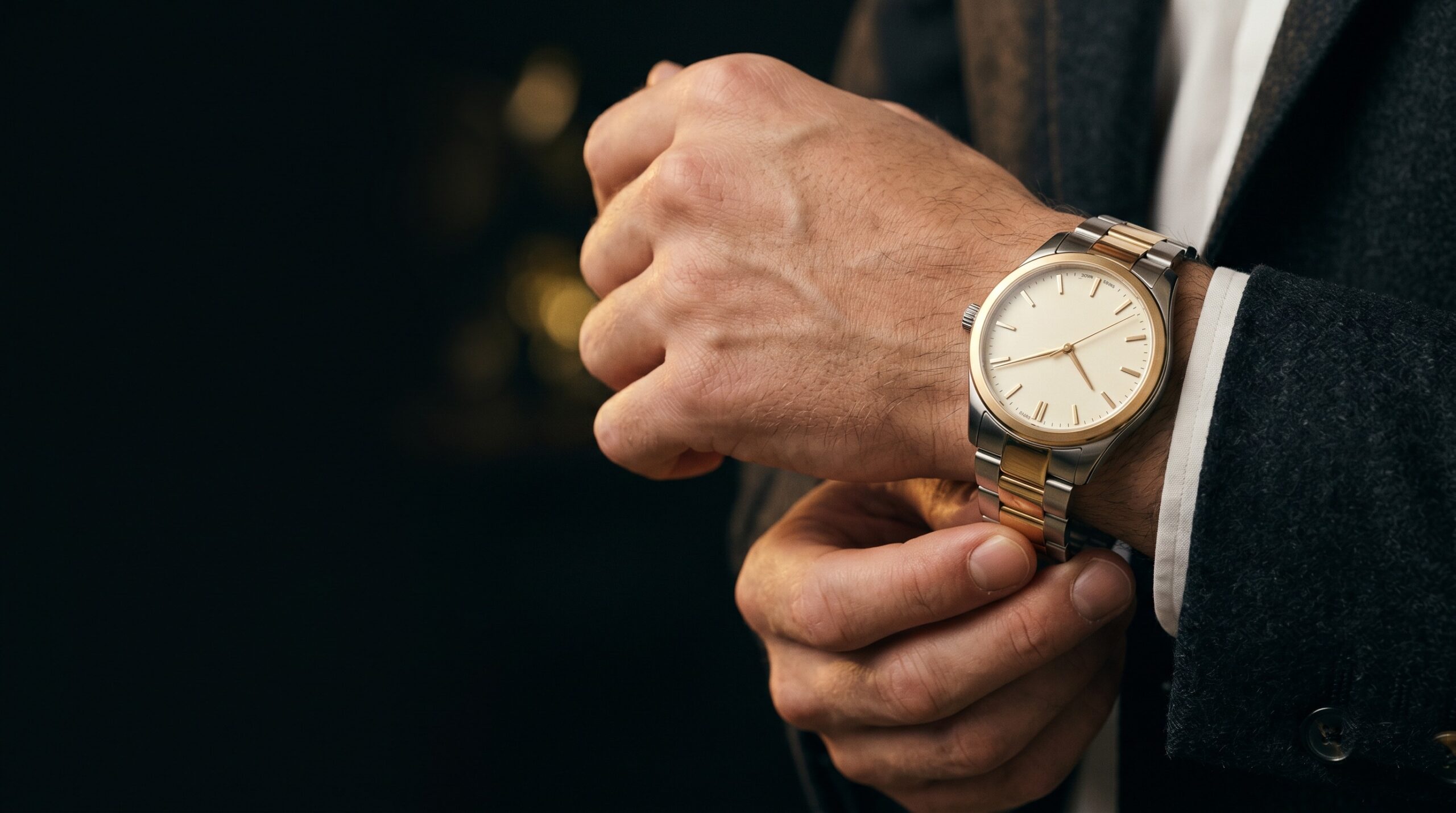 Homme ajustant une montre deux-tons champagne — engagement FAVORI