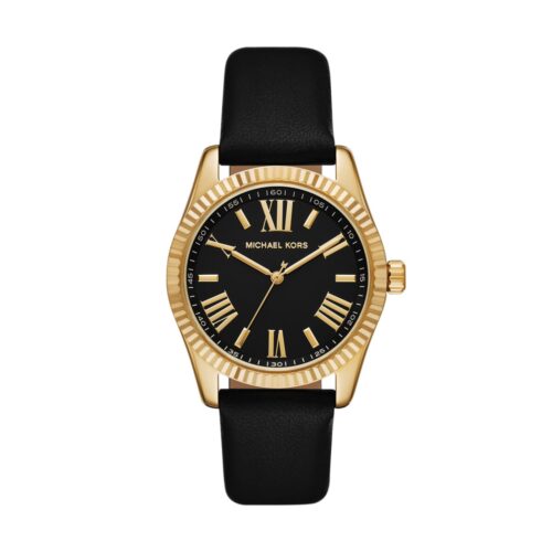 Montre Michael Kors Lexington Femme MK4748 Dorée Cuir Noir Cadran Noir - vue 1 Montre Michael Kors Lexington Femme MK4748 Dorée Cuir Noir Cadran Noir - vue 1