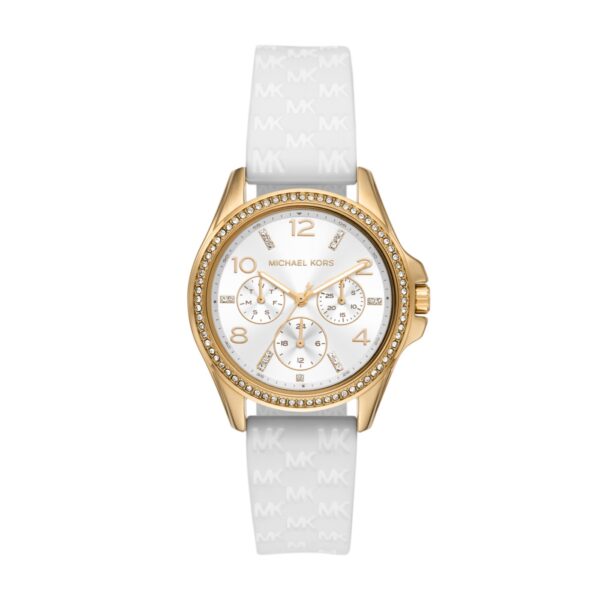 Montre Michael Kors Mini Pilot Femme MK7372 Dorée Silicone Blanc - vue 1 Montre Michael Kors Mini Pilot Femme MK7372 Dorée Silicone Blanc - vue 1