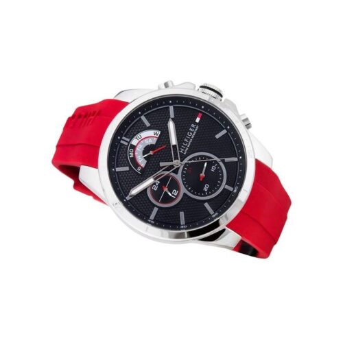 Montre Tommy Hilfiger Decker homme 1791351 cadran noir bracelet silicone rouge